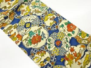 縮緬地手描き花葉に鳥・鹿の子模様開き名古屋帯（額縁仕立て）